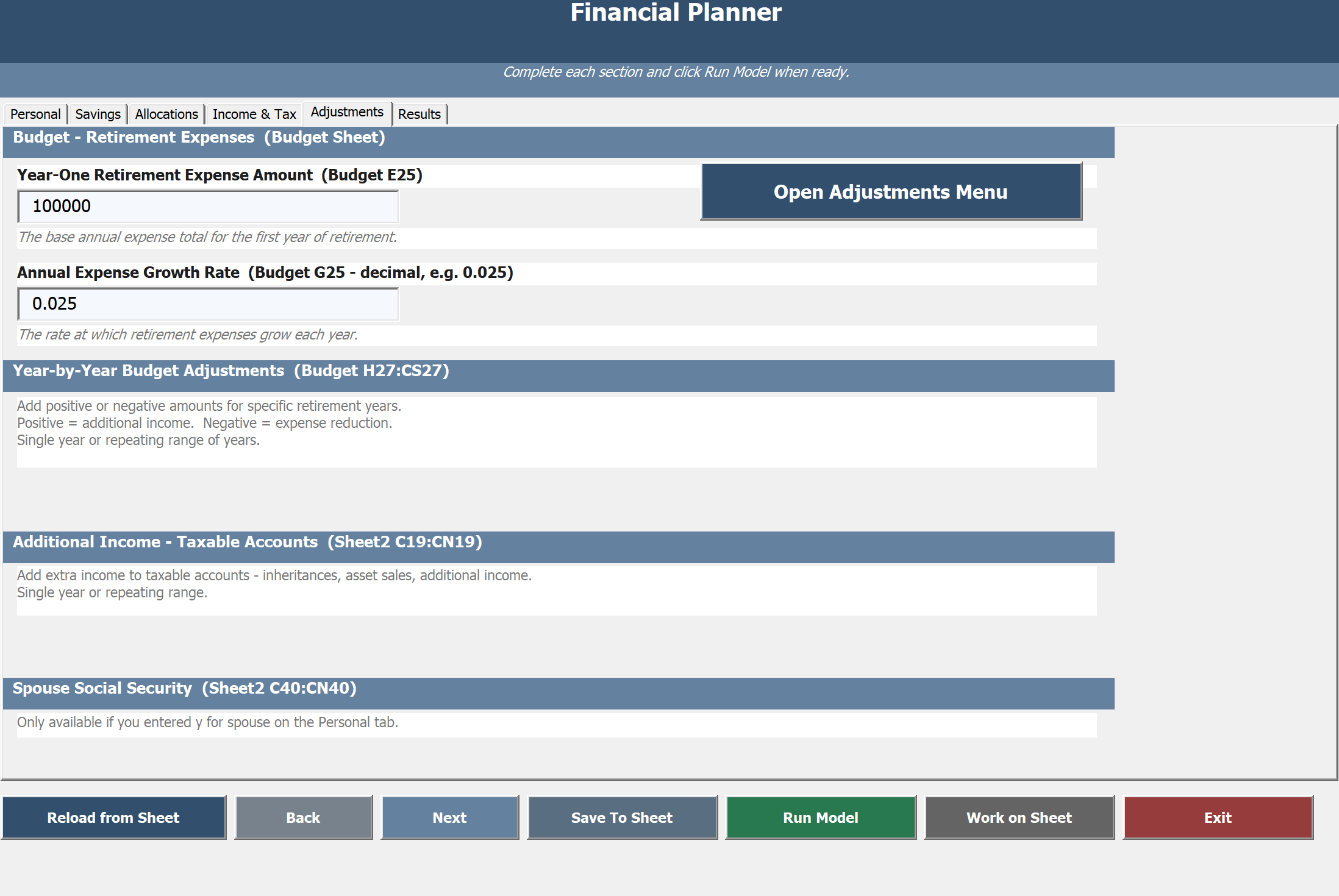Scenario adjustments screen